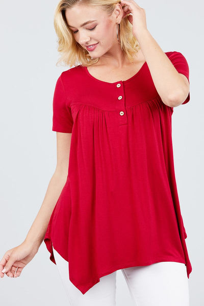 Short Sleeve Scoop Neck W/button Shirring Detail Rayon Spandex Top