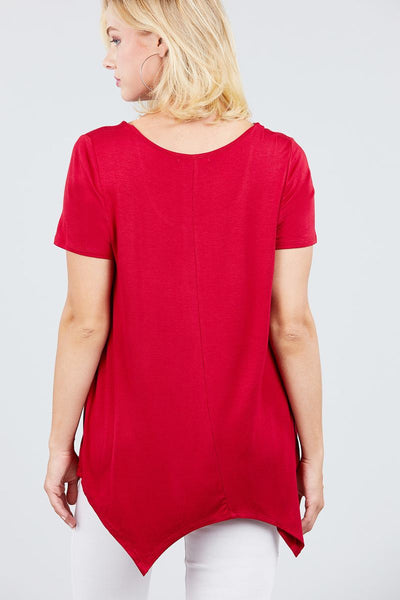 Short Sleeve Scoop Neck W/button Shirring Detail Rayon Spandex Top