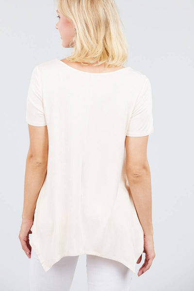 Short Sleeve Scoop Neck W/button Shirring Detail Rayon Spandex Top