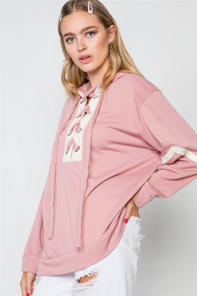 Knit Hooded Lace-up Sweater