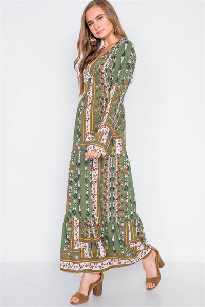 Multi Olive V-neck Long Sleeve Maxi Boho Dress