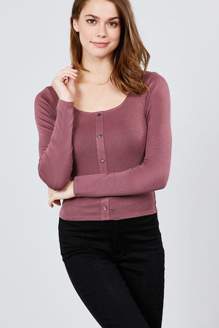Long Sleeve Scoop Neck Front Button Detail Rib Knit Top