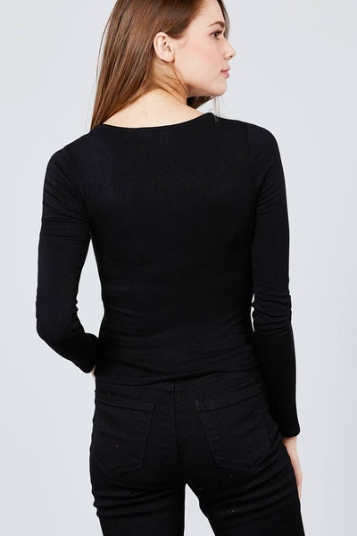 Long Sleeve Scoop Neck Front Button Detail Rib Knit Top