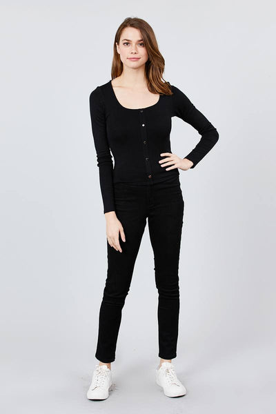 Long Sleeve Scoop Neck Front Button Detail Rib Knit Top