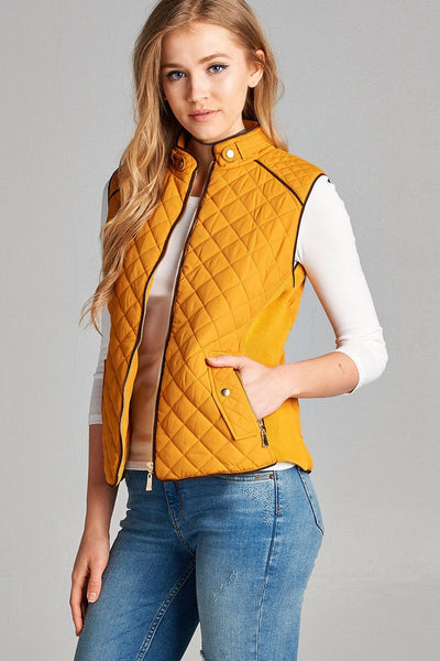 Quilted Padding Vest With Suede Piping Details