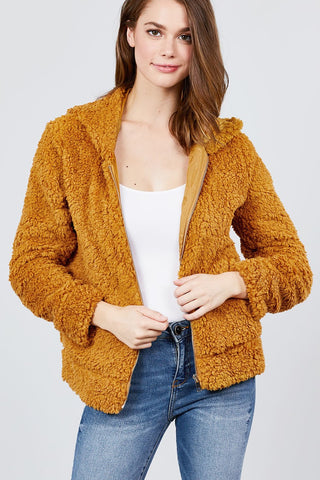 Hoodie Side Pocket Faux Fur Zip-up Jacket