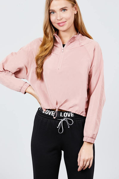 Long Raglan Sleeve Mock Neck Toggle Elastic Hem Wind Breaker Crop To