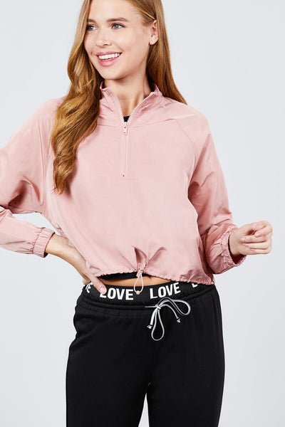 Long Raglan Sleeve Mock Neck Toggle Elastic Hem Wind Breaker Crop To