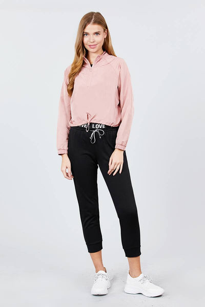 Long Raglan Sleeve Mock Neck Toggle Elastic Hem Wind Breaker Crop To