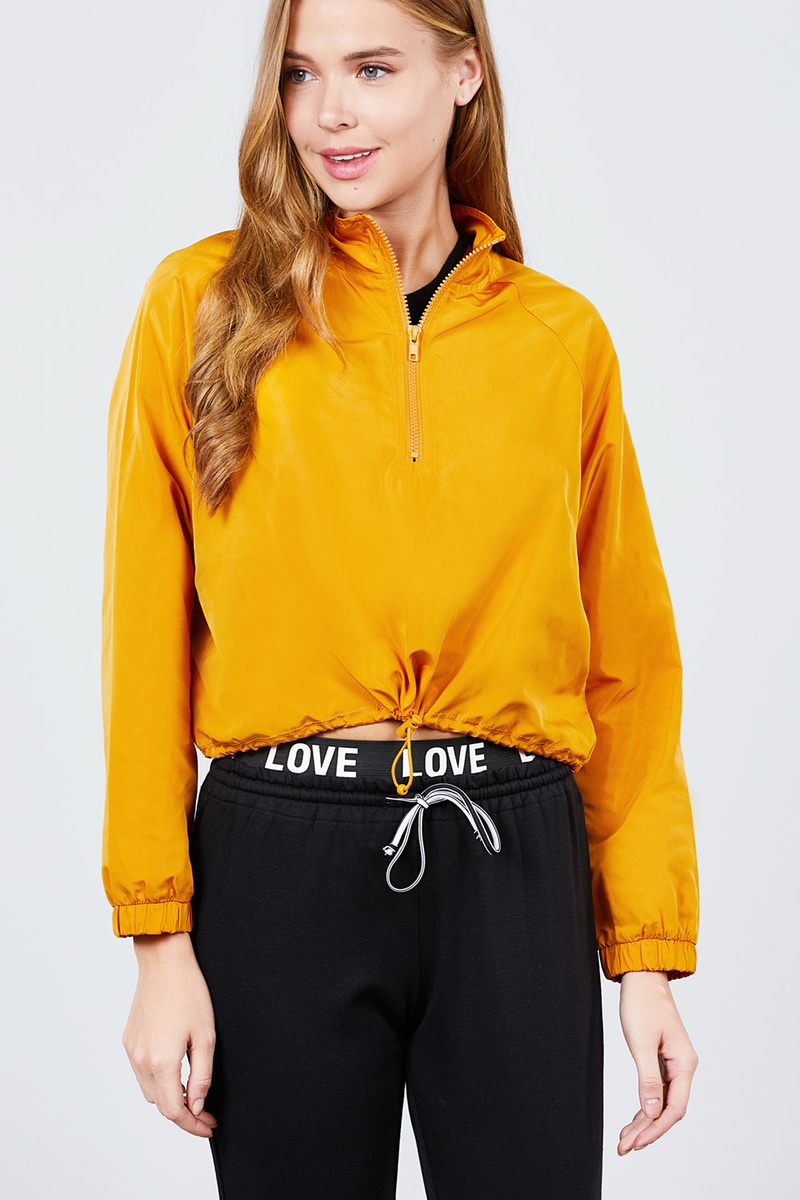 Long Raglan Sleeve Mock Neck Toggle Elastic Hem Wind Breaker Crop To