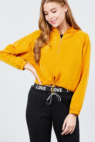 Long Raglan Sleeve Mock Neck Toggle Elastic Hem Wind Breaker Crop To