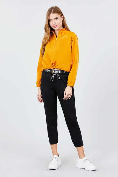 Long Raglan Sleeve Mock Neck Toggle Elastic Hem Wind Breaker Crop To