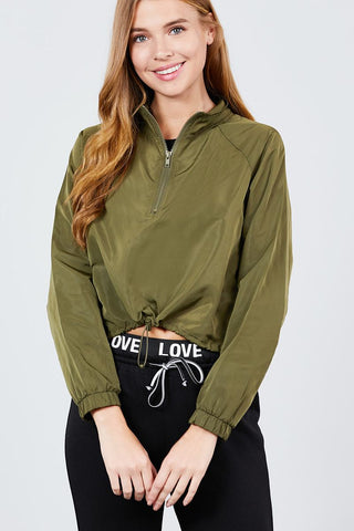 Long Raglan Sleeve Mock Neck Toggle Elastic Hem Wind Breaker Crop To