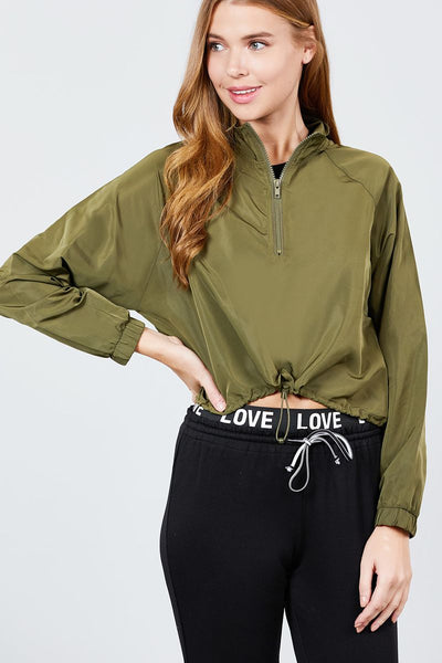Long Raglan Sleeve Mock Neck Toggle Elastic Hem Wind Breaker Crop To