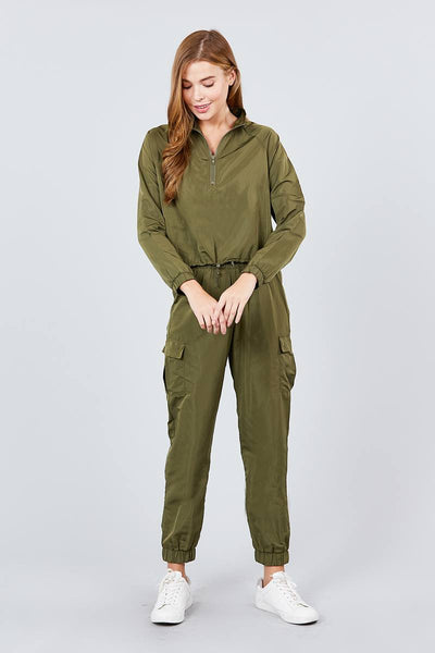 Long Raglan Sleeve Mock Neck Toggle Elastic Hem Wind Breaker Crop To