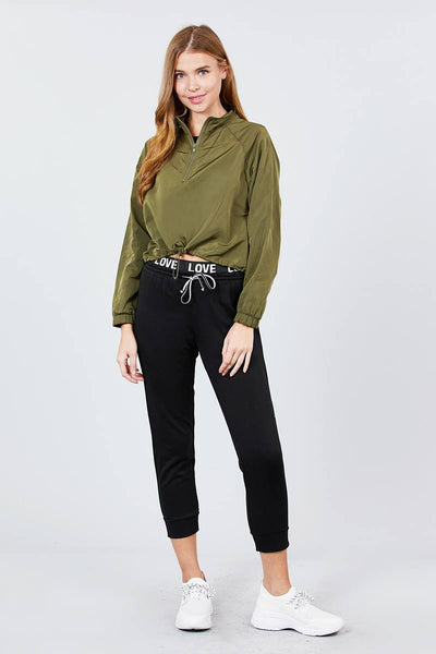 Long Raglan Sleeve Mock Neck Toggle Elastic Hem Wind Breaker Crop To