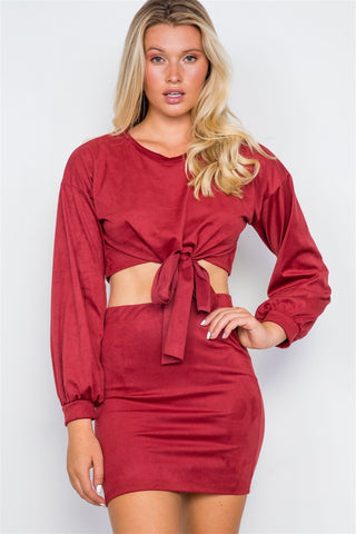 Faux Suede Two Piece Crop Top Mini Skirt Set