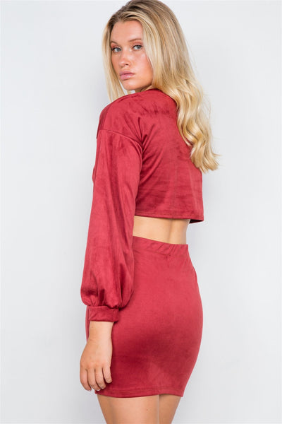 Faux Suede Two Piece Crop Top Mini Skirt Set