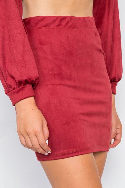 Faux Suede Two Piece Crop Top Mini Skirt Set