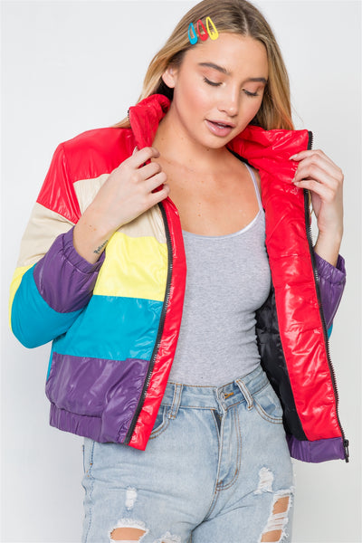 Multi Color Block Zip-up Puffer Jacket