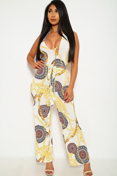 Print, Sleeveless, Plunged Neckline, Halter Romper