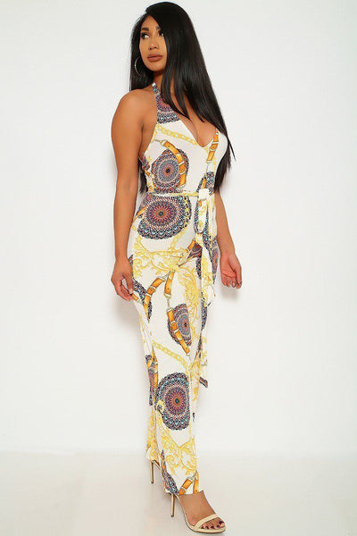 Print, Sleeveless, Plunged Neckline, Halter Romper