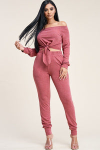 Solid French Terry Top And Pants Two Piece Set