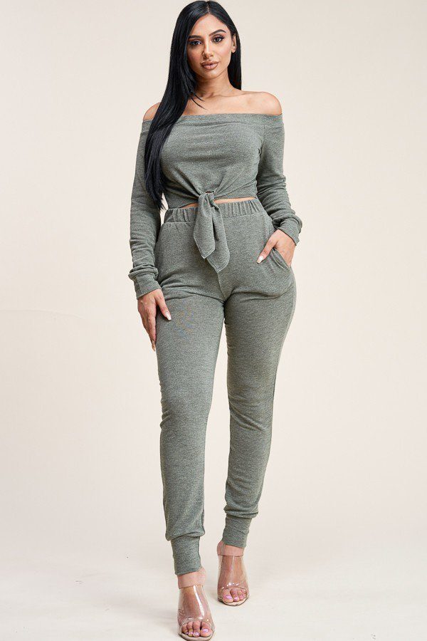 Solid French Terry Top And Pants Two Piece Set