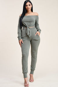 Solid French Terry Top And Pants Two Piece Set