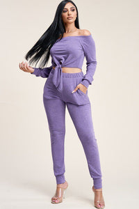 Solid French Terry Top And Pants Two Piece Set