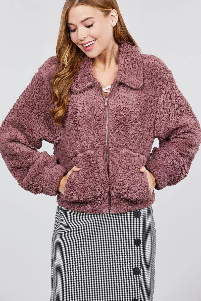 Long Sleeve Pouch Pocket W/collar Faux Fur Jacket