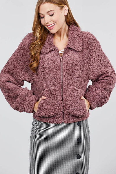Long Sleeve Pouch Pocket W/collar Faux Fur Jacket
