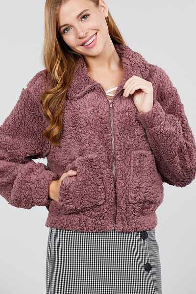 Long Sleeve Pouch Pocket W/collar Faux Fur Jacket