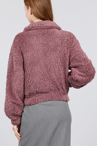 Long Sleeve Pouch Pocket W/collar Faux Fur Jacket