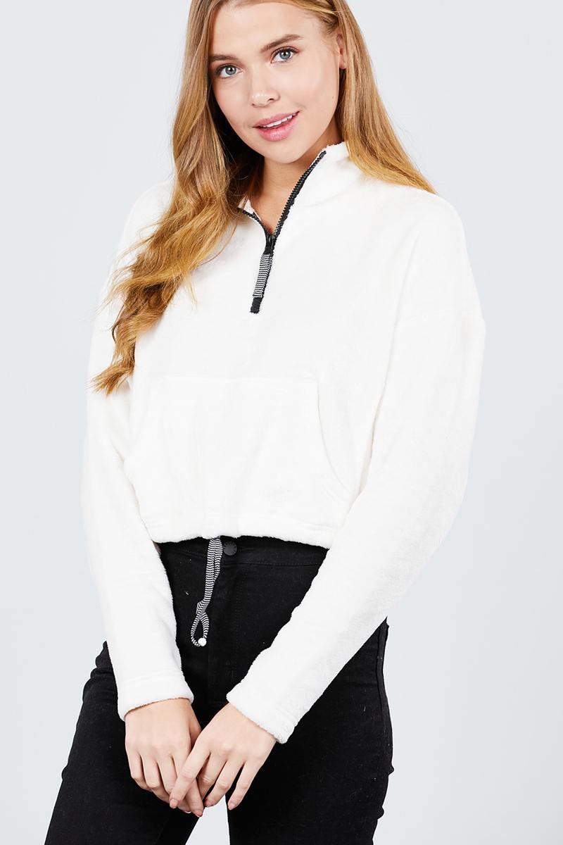 Long Dolman Sleeve Mock Neck W/zipper Detail Kangaroo Pocket Bottom W/stopper