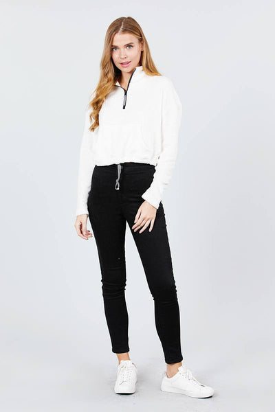 Long Dolman Sleeve Mock Neck W/zipper Detail Kangaroo Pocket Bottom W/stopper