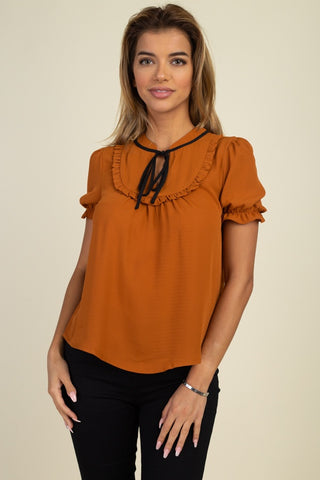 Pussycat Bow Ruffle Trim Top