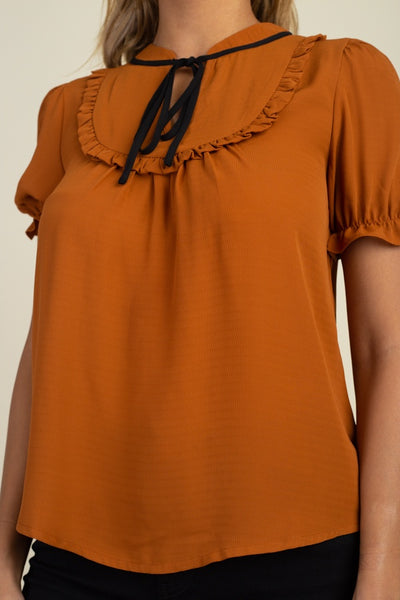 Pussycat Bow Ruffle Trim Top