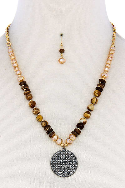Beaded And Circle Pendant Necklace And Earring Set