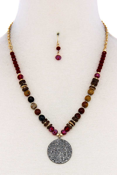 Beaded And Circle Pendant Necklace And Earring Set