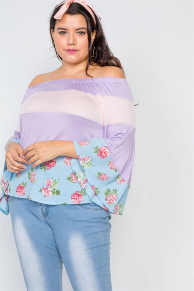 Plus Size Off-the-shoulder Color Block Floral Top