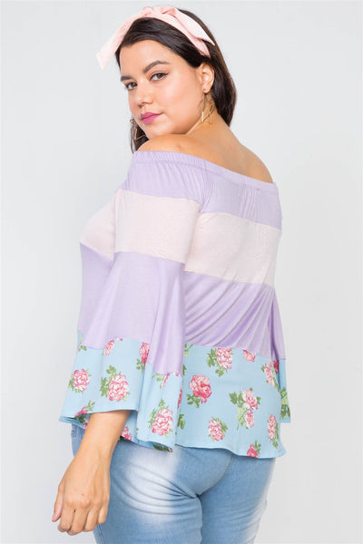 Plus Size Off-the-shoulder Color Block Floral Top