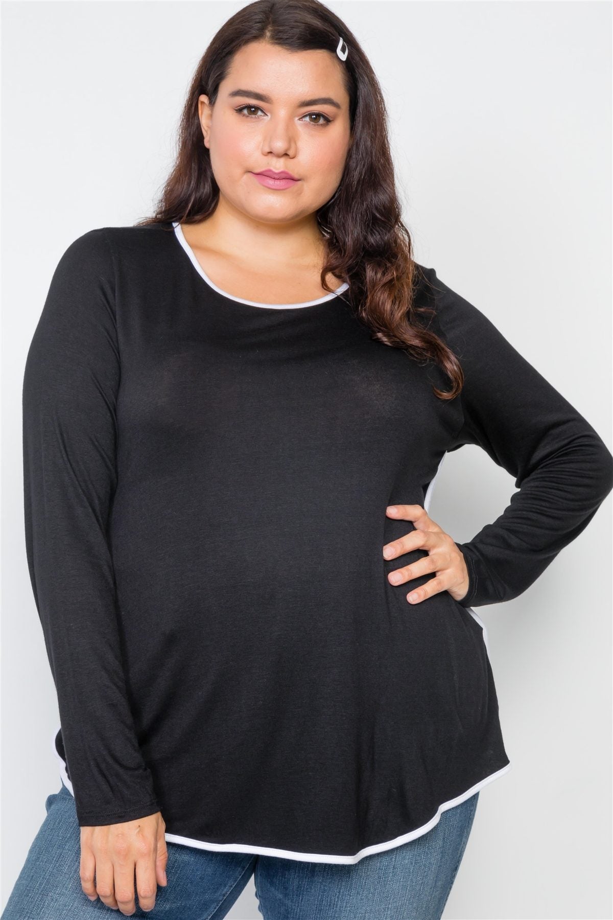 Plus Size Knit Long Sleeve Contrast Trim Top