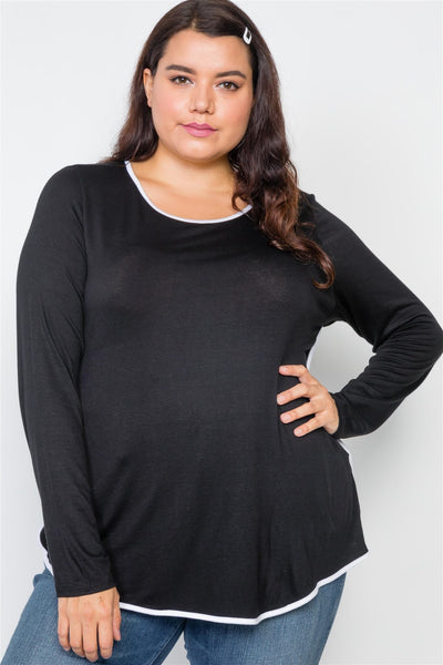 Plus Size Knit Long Sleeve Contrast Trim Top