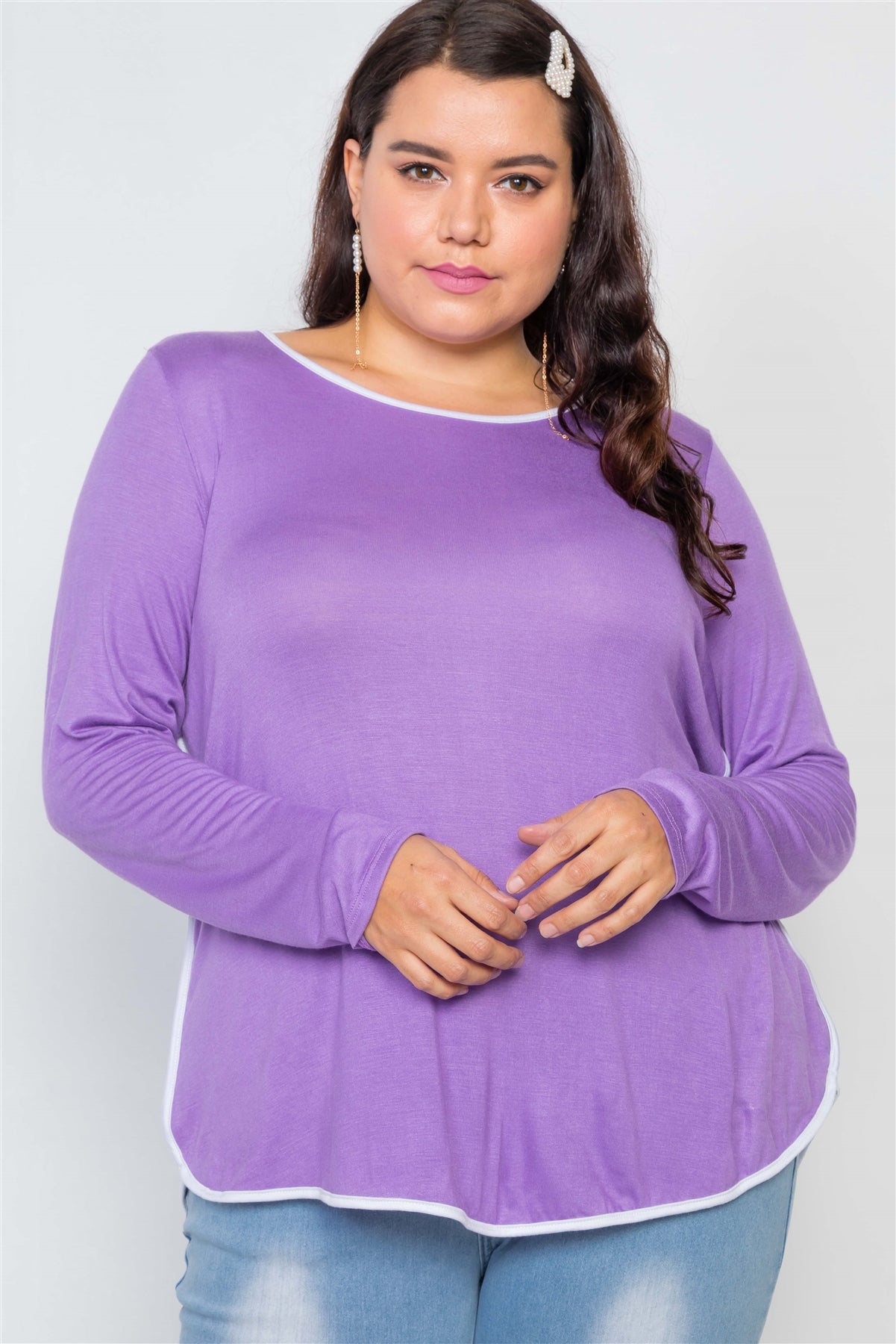 Plus Size Knit Long Sleeve Contrast Trim Top