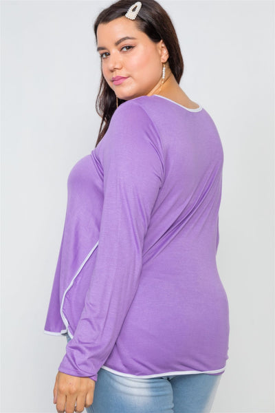 Plus Size Knit Long Sleeve Contrast Trim Top