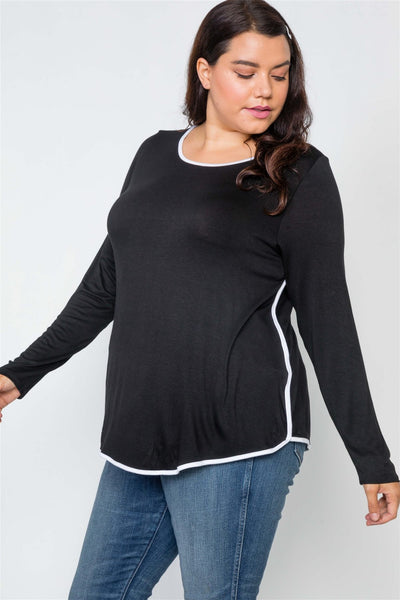 Plus Size Knit Long Sleeve Contrast Trim Top