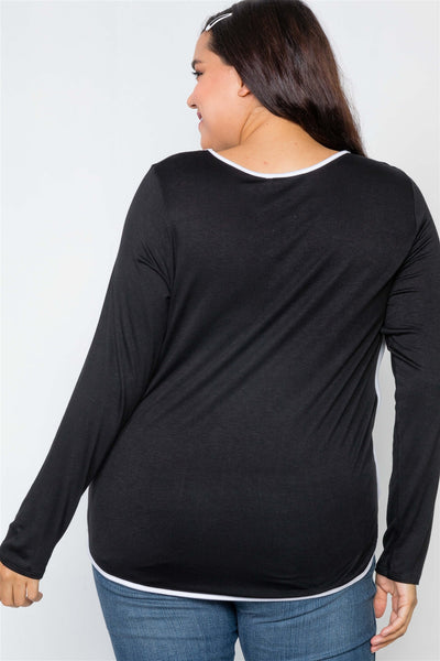 Plus Size Knit Long Sleeve Contrast Trim Top