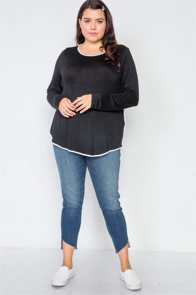 Plus Size Knit Long Sleeve Contrast Trim Top