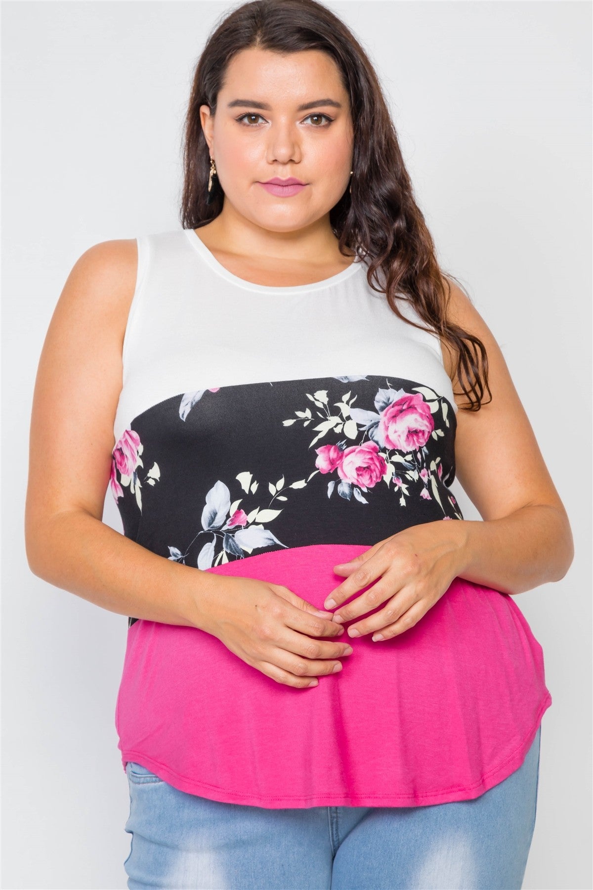Plus Size Color Block Floral Print Sleeveless Top